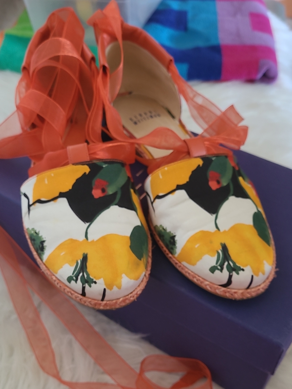 Stuart Weitzman Floral Espadrille Flats - Orange & Yellow
